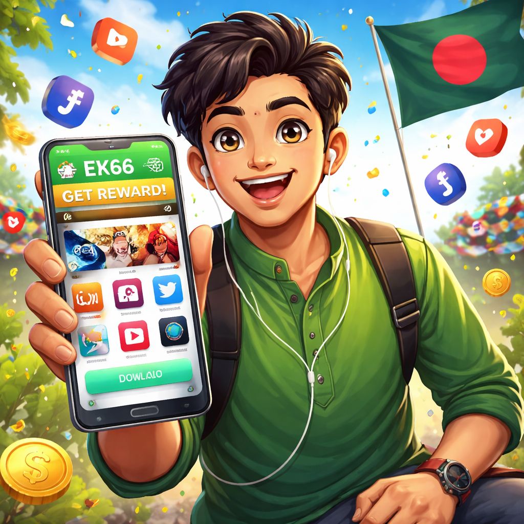 EK66 অ্যাপ থিমযুক্ত কার্টুন চরিত্র একটি Android ফোন ব্যবহার করছে উজ্জ্বল মোবাইল ইন্টারফেস উপাদান সহ